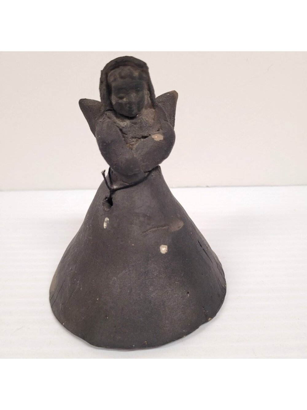 Angel Bell Mexican Barro Fork Art Black Clay Figurine 4'' High Pottery Primitive